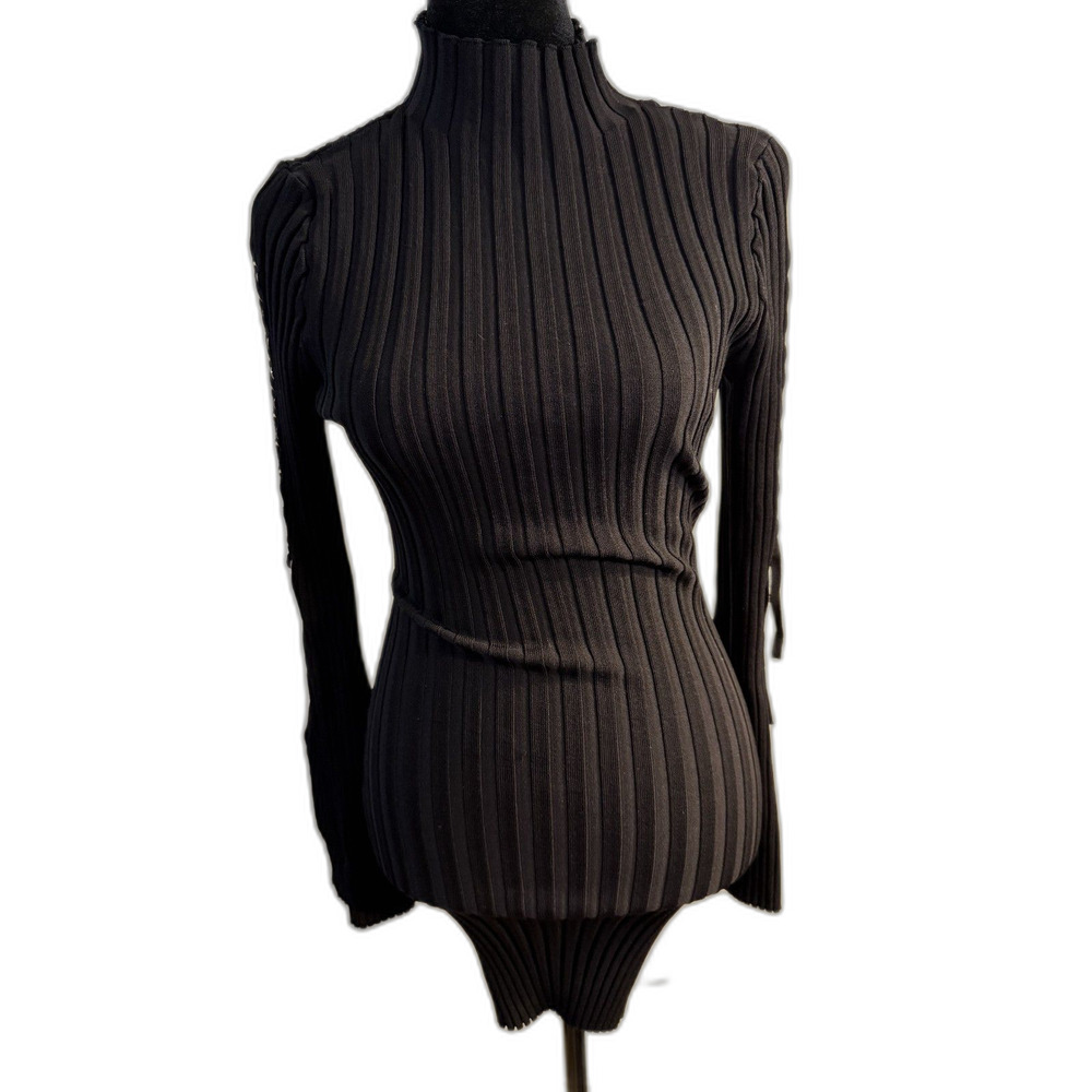 Windsor Black Ribbed Bodycon Midi Dress — Gold Hardware Detail, Long Sleeve